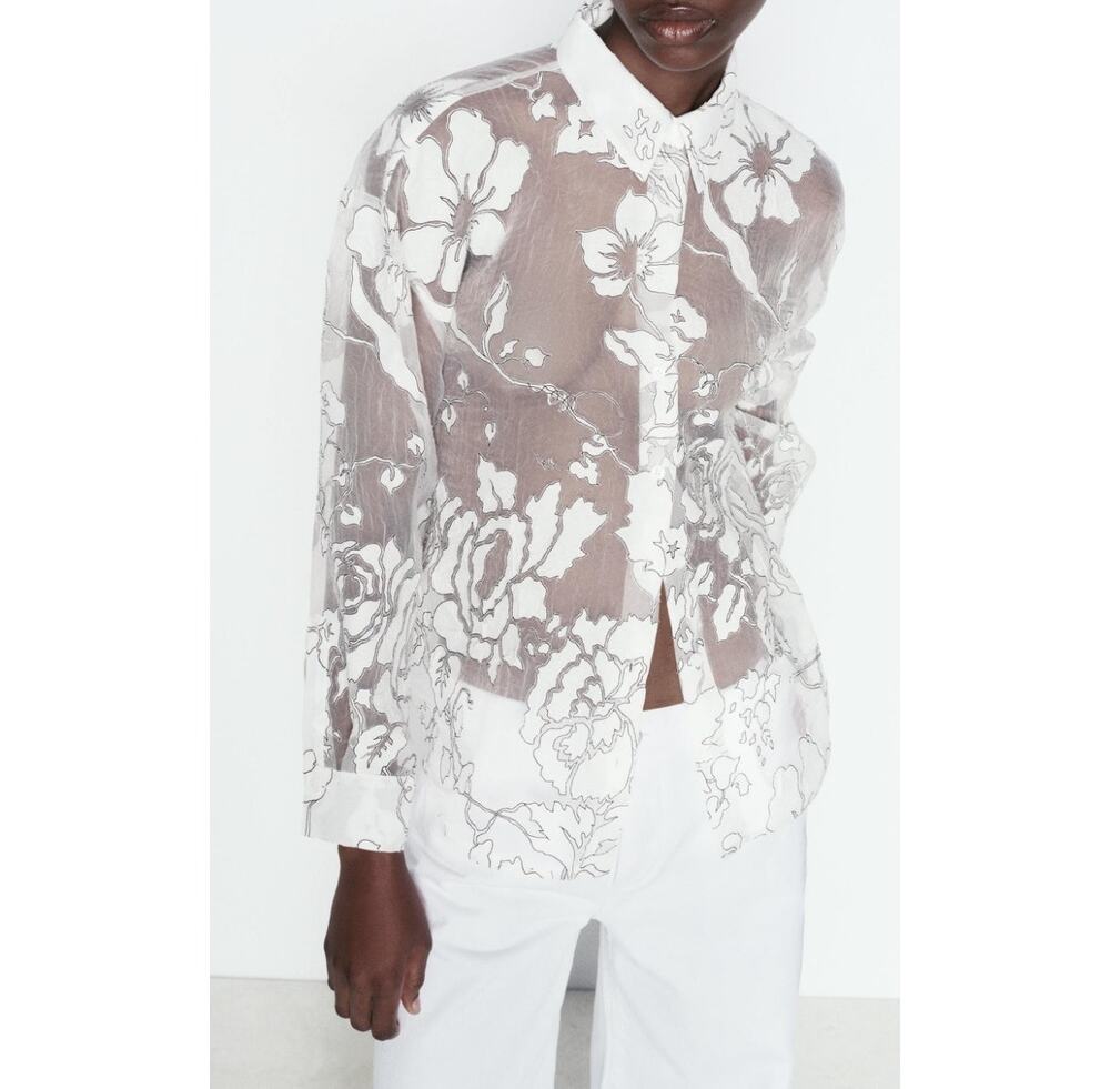 Zara Contrasting Devore Semi Sheer White Maroon Blouse S EUC